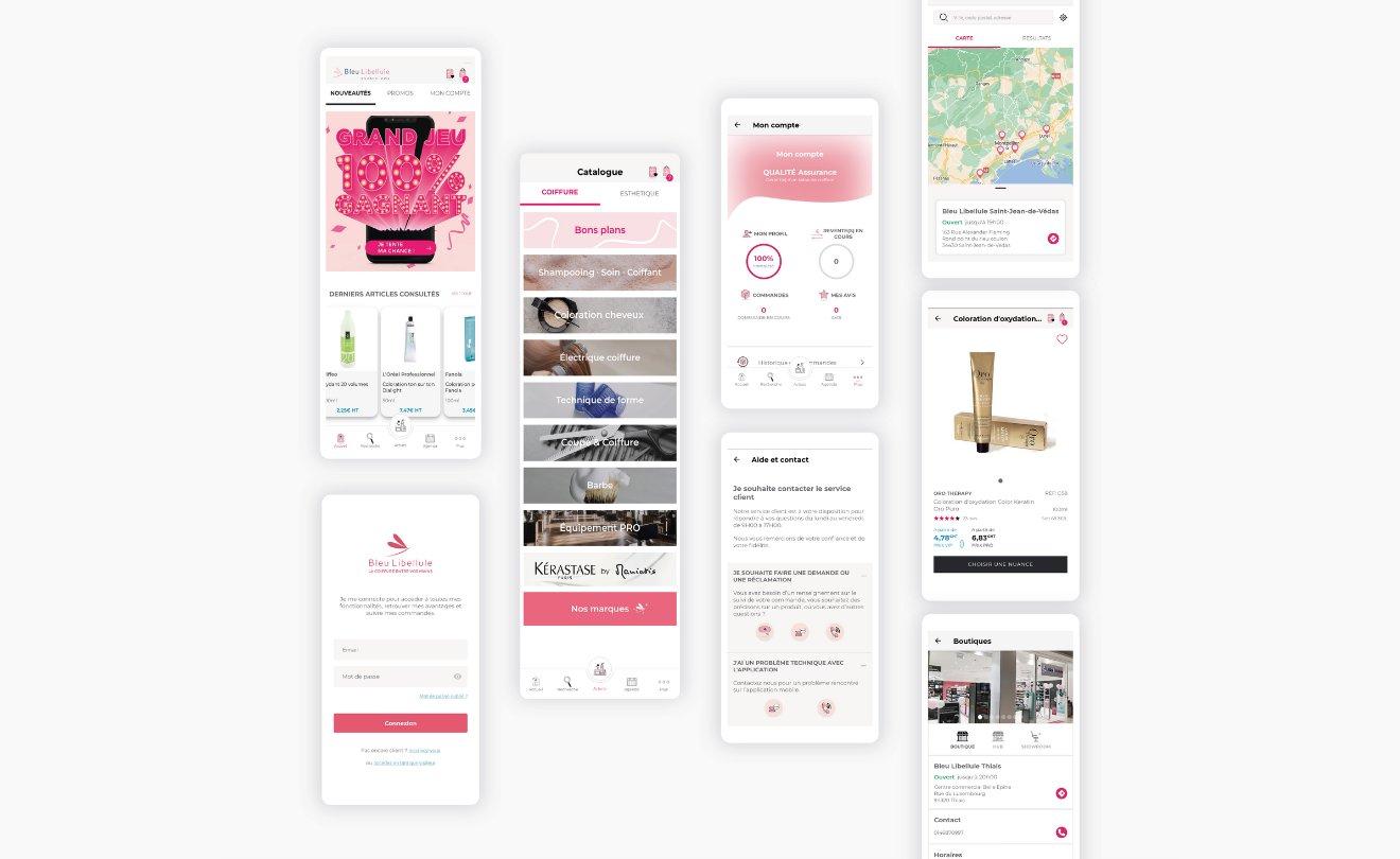 Illustration mockup Bleu libellule Application mobile e-commerce